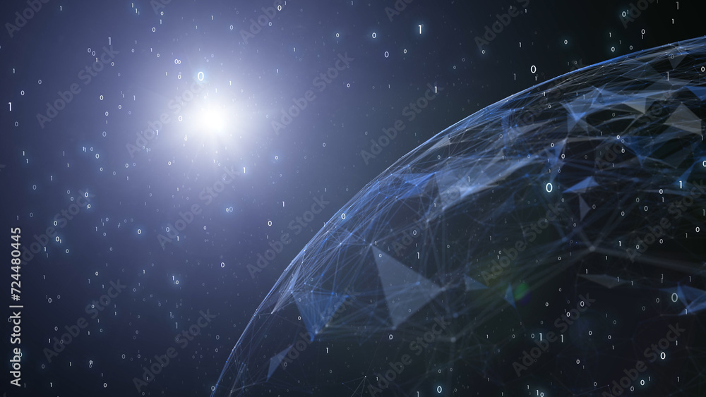 Poster digital shiny sphere with computer cyberspace network illustration background.