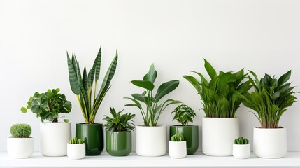 close-up view of various beautiful green houseplants in pots on white,  generative ai - obrazy, fototapety, plakaty