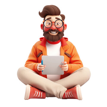 3d cartoon young man sitting working using digital tablet computer on the floor, Full body isolated on white and transparent background