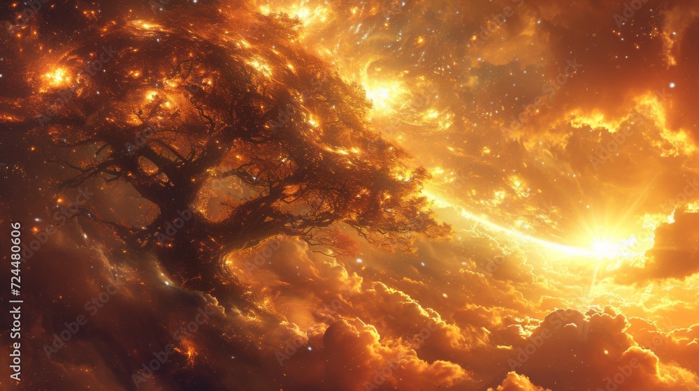 Poster a tree in a space like setting with the sun shining through, ai