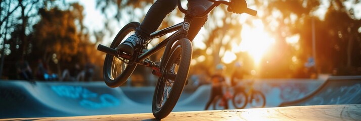 BMX Tricks, soft focus lens, BMX rider performing tricks in a skatepark or urban setting, background image, generative AI - obrazy, fototapety, plakaty