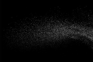 Fototapeta na wymiar White grainy texture. Abstract dust overlay. Grain noise. White explosion on black background. Splash light realistic effect. Vector illustration. 