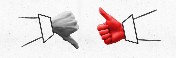 Contemporary art collage. Two hands show like, thumbs up and dislike, thumbs down in black and...