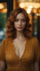 Portrait of a beautiful young woman wearing a Skim dress