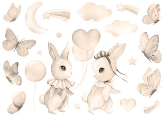 Watercolor illustration of cute bunny, rabbit, hare with sepia, heart balloon. Brown set of cutie animal portrait in pastel colors with skirt, collar, bow. Stickers, wall art, kids room decor, easter
