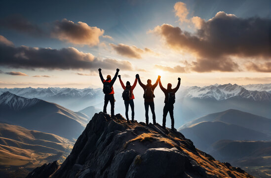 Together overcoming obstacles with four people raise their hands up in the air on mountain top, celebrating success and achievements