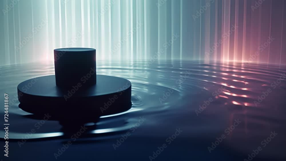 Poster in a dimly lit room a pulsating speaker sits atop a gly undulating pool of water as if the sound wav