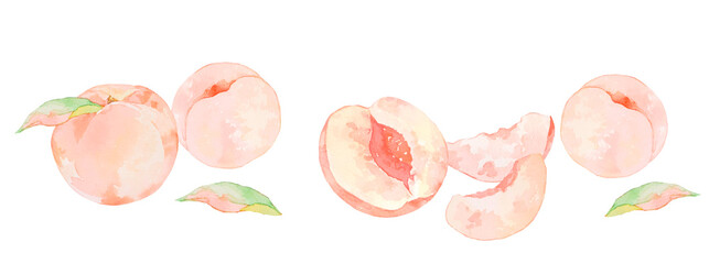 水彩で描いた美味しそうな桃のイラスト素材セット