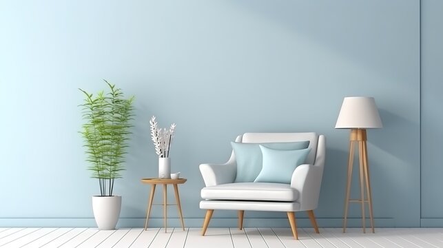 Interior of the room in pastel blue and white color with furnitures and room accessories, plant pot. Light background with copy space. 3D rendering for web page, presentation or picture frame, 