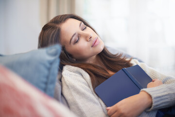 Woman, book and literature for sleeping or resting, home and fiction novel for knowledge. Female...