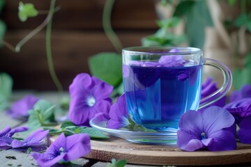 Obraz na płótnie Canvas Clitoria ternatea, herbal tea, purple blue flower and drink (minuman bunga telang)
