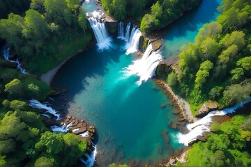 Naklejka na ściany i meble Aerial Overhead View of WaterfallsDrone photography capturing waterfalls from an overhead perspective