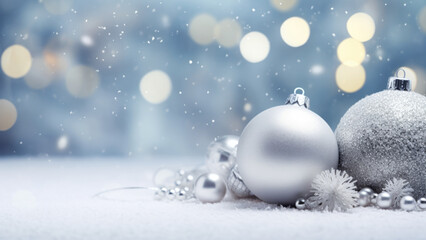 Shimmering Holiday Elegance: Decorative Silver Christmas Tree Ornaments on a Sequined Backdrop