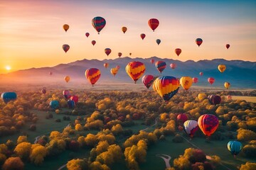 Naklejka premium Aerial View of Colorful Hot Air BalloonsAerial drone shots of colorful hot air balloons floating above, vibrant hues against the sky