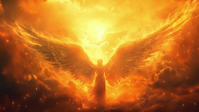 A triumphant angel with fiery wings arms outstretched towards the heavens as they proclaim victory over evil.