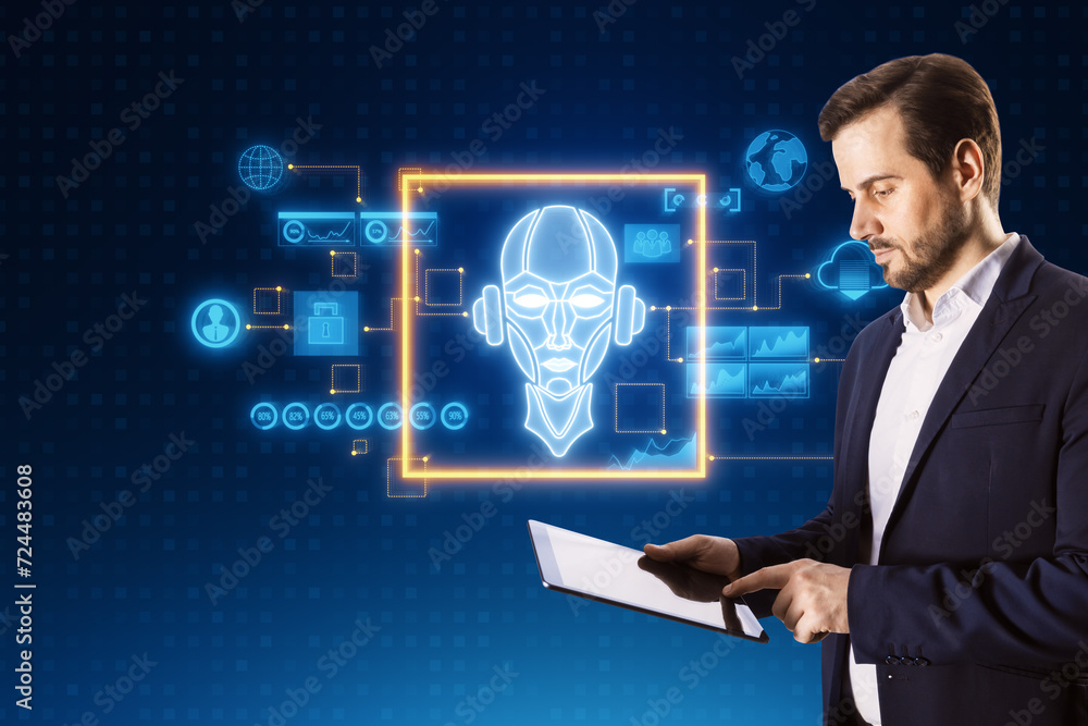 Poster attractive young european businessman using tablet with glowing ai hologram with icons and robot on 