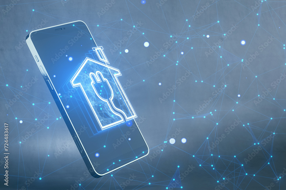 Aufkleber close up of smartphone with creative house and plug hologram on blurry blue background with polygona