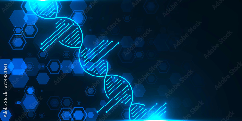 Poster glowing dna helix on blurry blue background. medical and heredity genetic health concept. technology