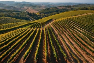 Aerial View of Colorful Vineyards  Drone photography capturing colorful vineyards from above, lush...
