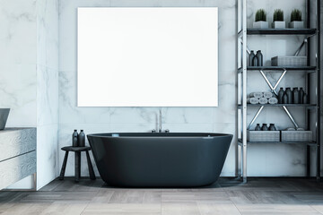 Modern concrete and wooden bathroom interior with empty white mock up banner, various objects. 3D Rendering.