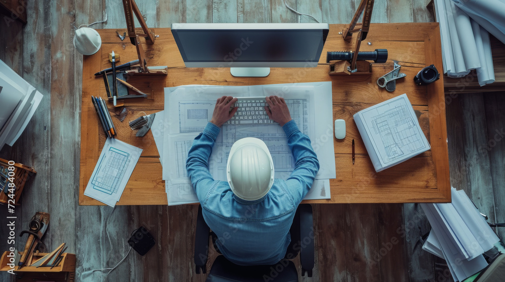 Poster overhead shot of an architect working at a desk with blueprints