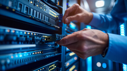 close-up of a person's hands working on a server or network equipment in a data center with blue lighting