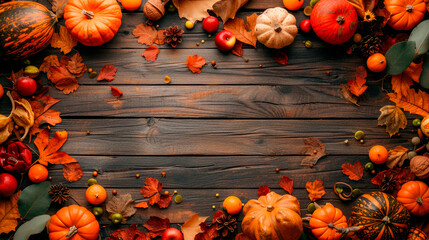 Rustic wooden background with vibrant autumn harvest accents. Copy space, flat lay, top view.