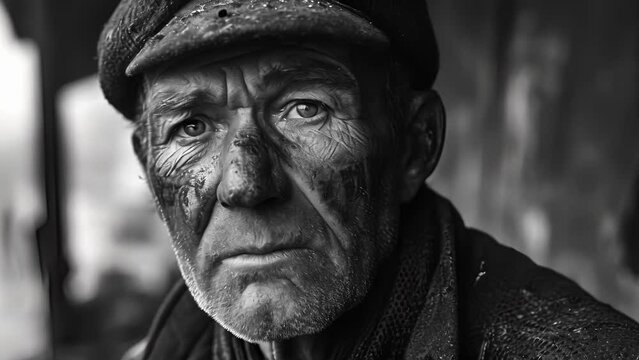 A black and white portrait of the dockworker, with the contrast emphasizing the grit and determination in his face as he works under tough conditions.