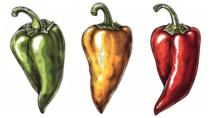 Vintage pepper chili hatching color illustration on white background