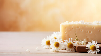 Handcrafted soap bars with chamomile flowers on a wooden table bathed in warm sunlight copy space banner text 