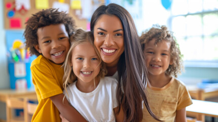 female teacher is being hugged joyfully by two young children