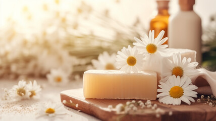 Fototapeta na wymiar Handcrafted soap bars with chamomile flowers on a wooden table bathed in warm sunlight copy space banner text 
