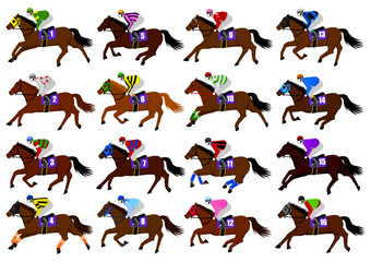 競馬のレースに出走する16頭の競走馬と16人の騎手