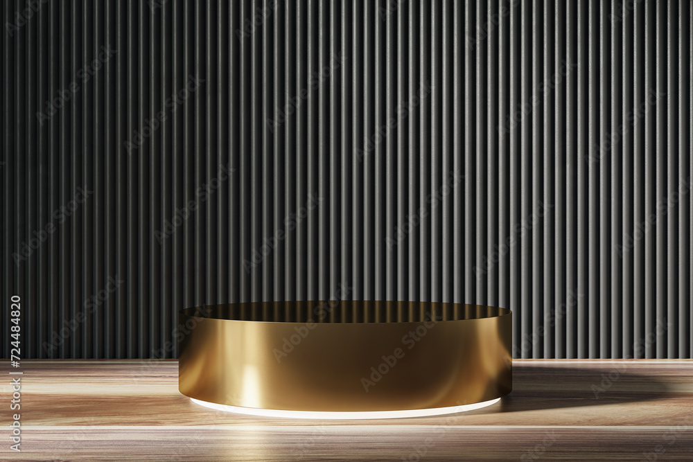 Poster Empty decorative linear wall with golden pedestal and mock up place. Presentation concept. 3D Rendering.