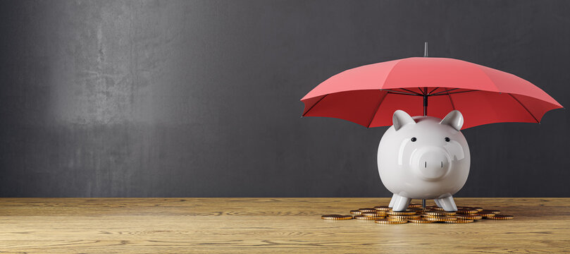 Creative image of pink piggy bank under blue umbrella on wide concrete wall background with mock up place and wooden flooring. 3D Rendering.