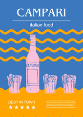 Italian food set vector illustration. Engraved campari, bundle of traditional dishes, homemade and restaurant dinner dishes and sauces cooking in cuisine of Italy