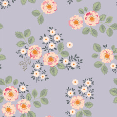 Seamless vector pattern with bouquets of bright vintage-style flowers on a light purple background. Large pale pink roses, yellow flowers and green leaves.