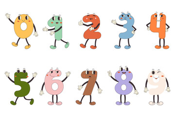 Awesome set of numbers. Hand draw funny retro vintage fashionable cartoon figures characters. Doodle comic collection from 0 to 9
