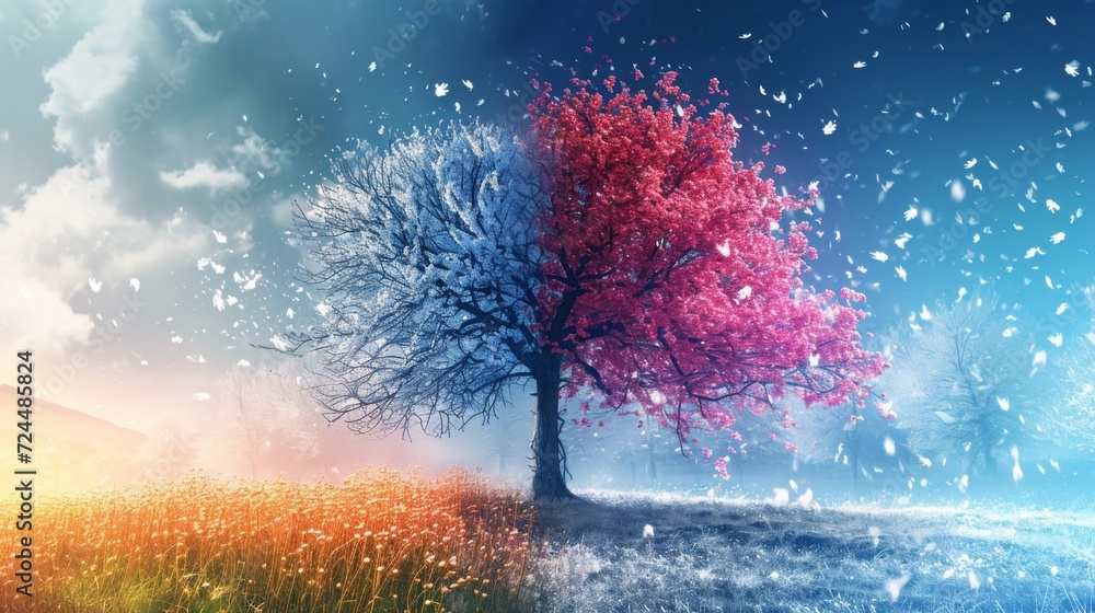 Poster a tree with two different colors of leaves in the same field, ai