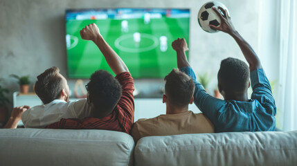 three people are seen from the back, seated on a couch, raising their arms in excitement while watching a sports game on television - obrazy, fototapety, plakaty