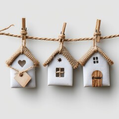 Hanging Paper Houses On Clothesline Gray On White Background, Illustrations Images
