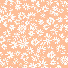 Seamless pattern of retro-style white flowers in vector, retro-style design for clothes, fabrics, cobwebs, wallpaper, packaging and all prints on an orange background.