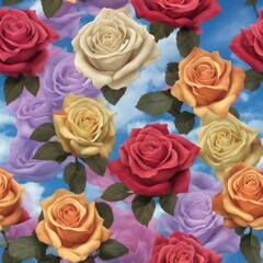 A Multitude of Enchanting Roses Blossoming in Vibrant Hues Against a Majestic Blue Sky