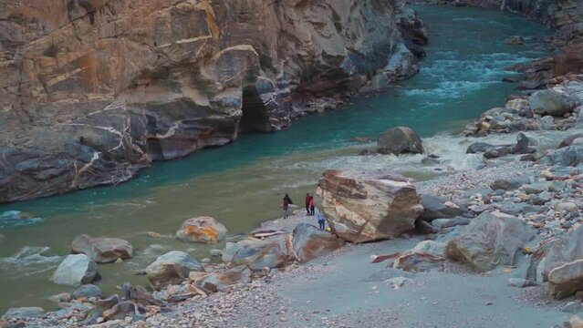 Closeup shot of the confluence of Spiti river and Sutlej river at Khab Sangam near Khab village in Kinnaur, Himachal Pradesh, India. Beautiful confluence of two rivers besides the road to Spiti Valley