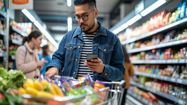 man in a blue blazer and glasses is using his smartphone while shopping in a grocery store