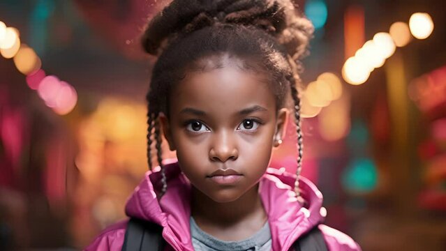 A little Black girl stands tall and proud against a bright pink wall her eyes lit up with energy and her fists clenched. Her strong