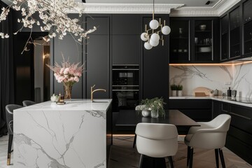 Contrasting Elegance: A Black Kitchen and White Marble Dining Table