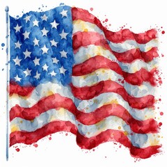 Hand Drawing Watercolor American Flag On White Background, Illustrations Images