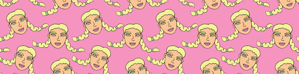 Vector seamless pattern with cartoon face of a girl or woman with two pigtails. Hand-drawn children's heads in the style of doodles. Baby, girly funny cute texture background
