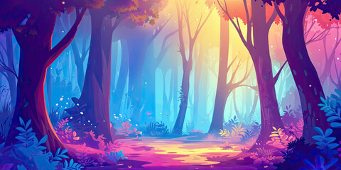 anime cartoon style woodland forest background banner, beautiful woods, generated ai
